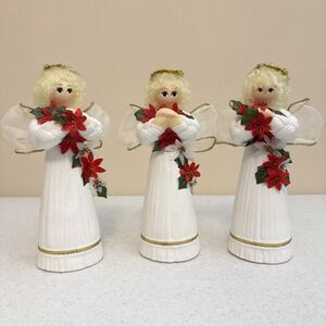 Vintage Hand Painted Ceramic Mold Christmas Angel White Glitter & Ribbon Wings